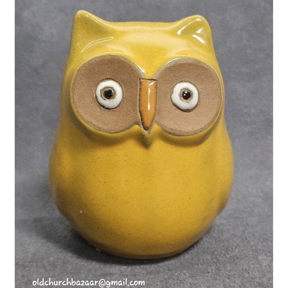 Vintage Ceramic Owl Animal Yellow Glazed Figure Pottery Clay Figurine Vtg 70's